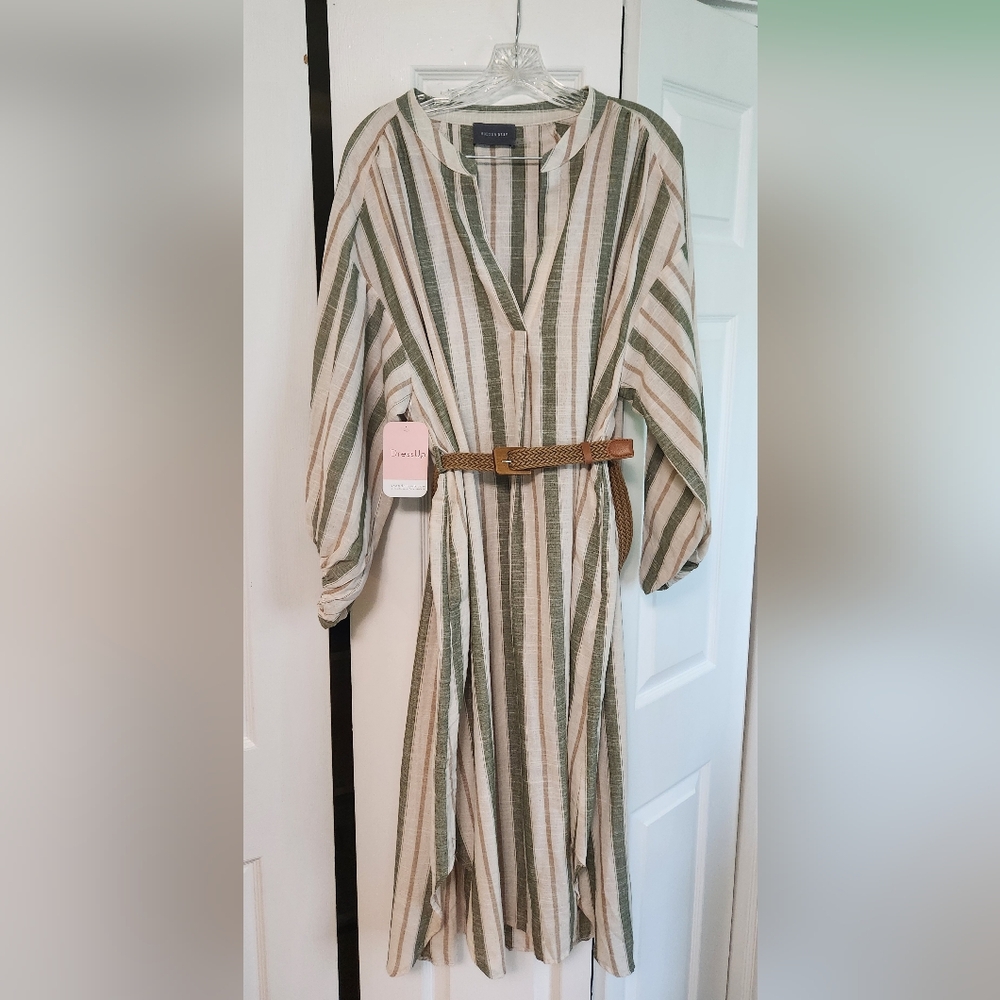 NWT Linen Striped Tunic Dress, Size L, BEIGE, BROWN & GREEN STRIPES